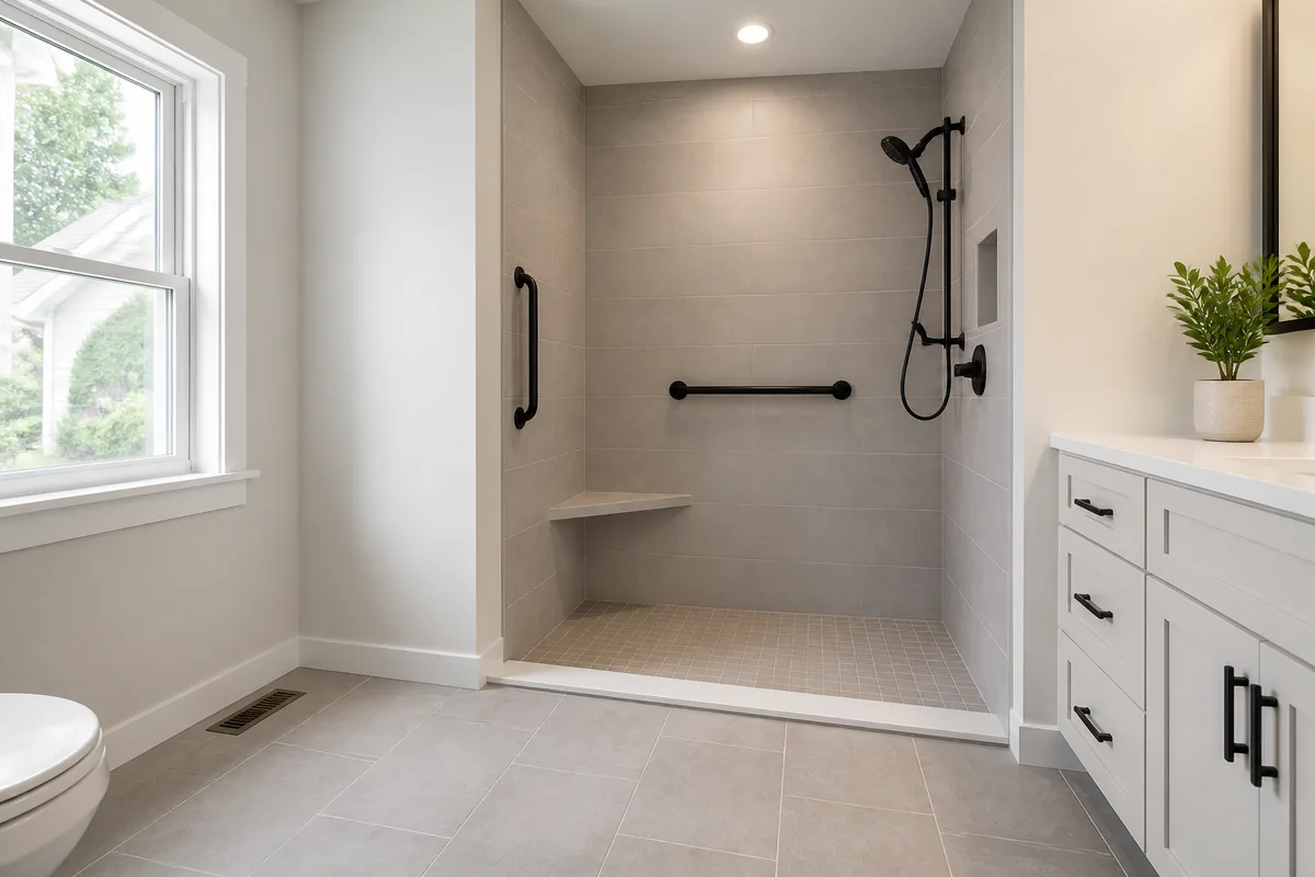 Accessible shower with grab bars, bench, and low threshold